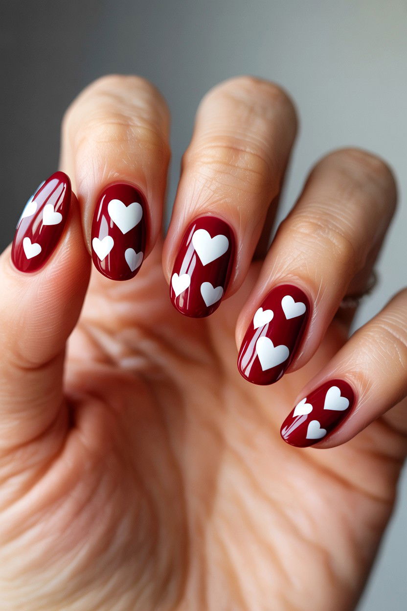 Burgundy Nails With White Hearts - 25 Burgundy Valentine's Day Nail Ideas