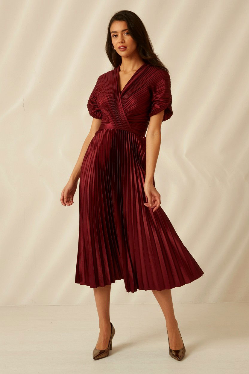 Burgundy Pleated Midi Dress - 25 Valentine's Day Midi Dress Ideas