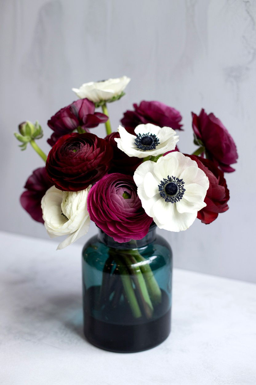 Burgundy Ranunculus And Anemone Bouquet - 25 Valentine's Day Mixed Bouquet Ideas