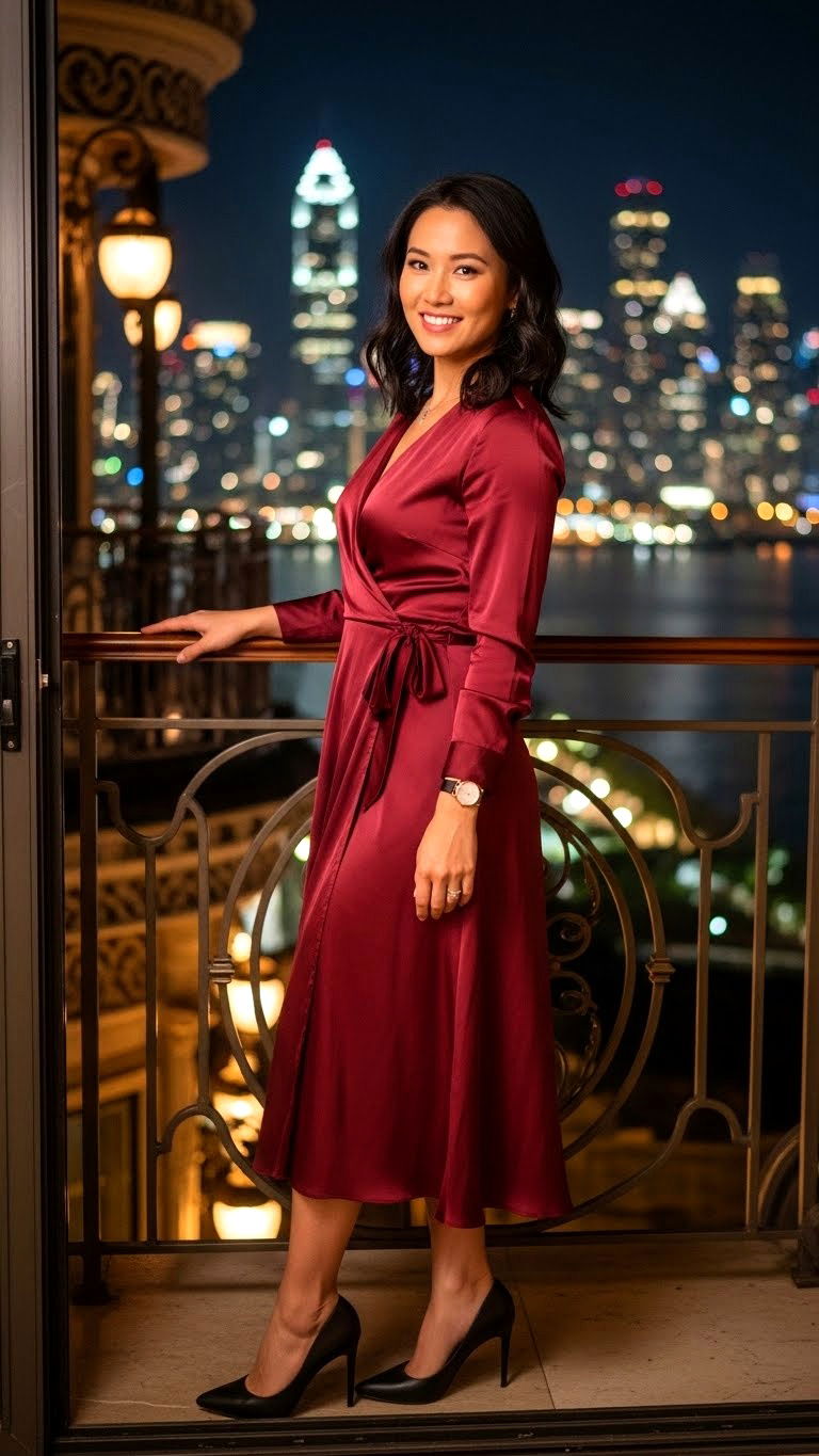 Burgundy Satin Wrap Dress - 25 valentine's day dress ideas