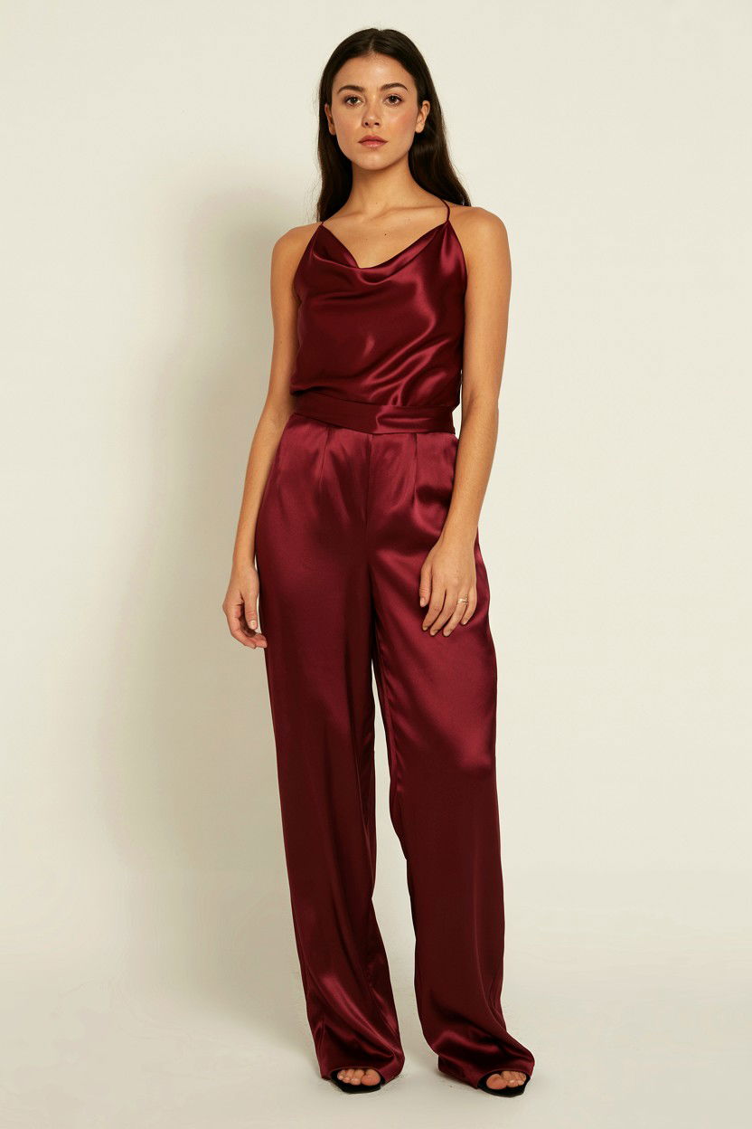 Burgundy Silk Jumpsuit - 25 Valentine's Day Jumpsuit Ideas