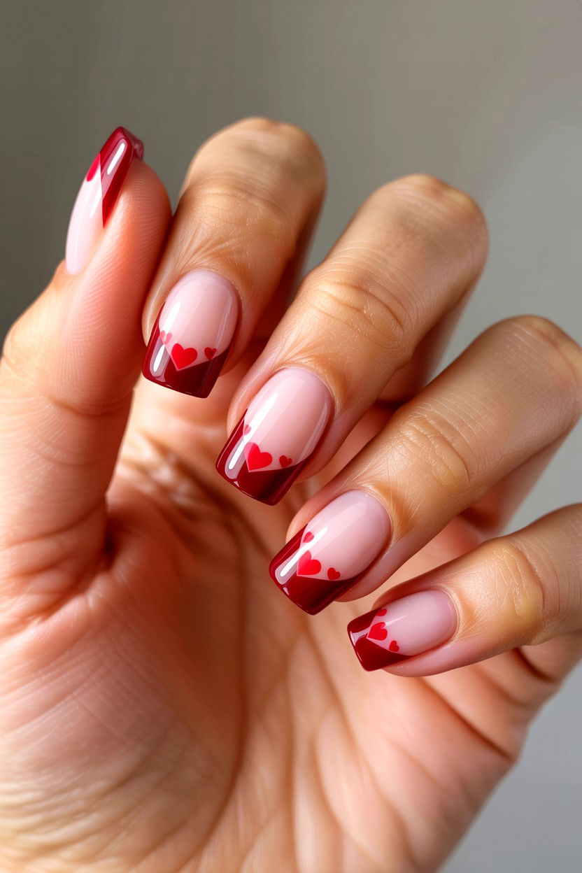 Burgundy Tips With Red Hearts - 25 Burgundy Valentine's Day Nail Ideas