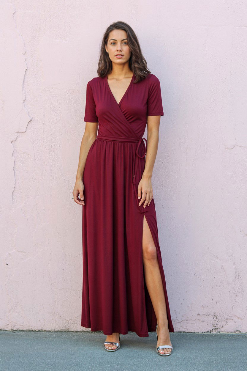 Burgundy Wrap Maxi Dress - 25 Valentine's Day Maxi Dress Ideas