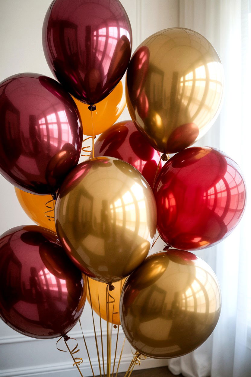 Burgundy and gold balloons - 25 Valentine's Day Balloon Ceiling Ideas