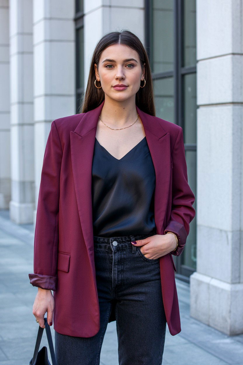 Burgundy blazer look - 25 Valentine's Day Blazer Outfits