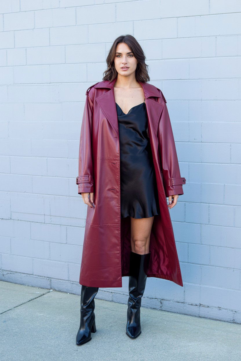 Burgundy leather trench coat - 25 Valentine's Day Quiet Luxury Outfits