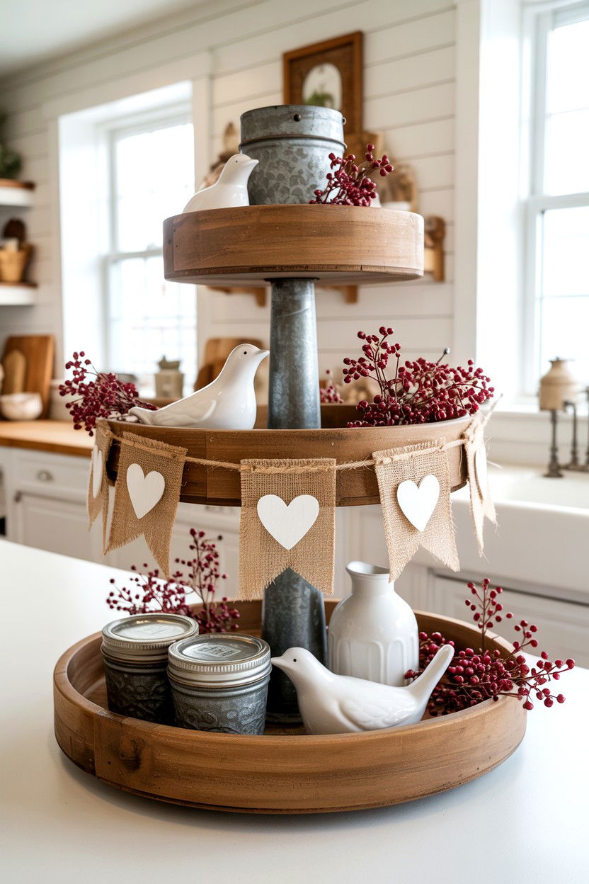Burlap Heart Banner - 25 Farmhouse Valentine's Day Tiered Tray Ideas
