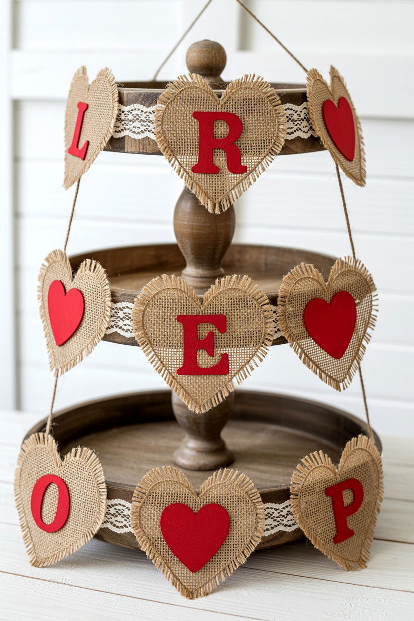 Burlap Heart Garland - 25 Rustic Valentine's Day Tiered Tray Ideas