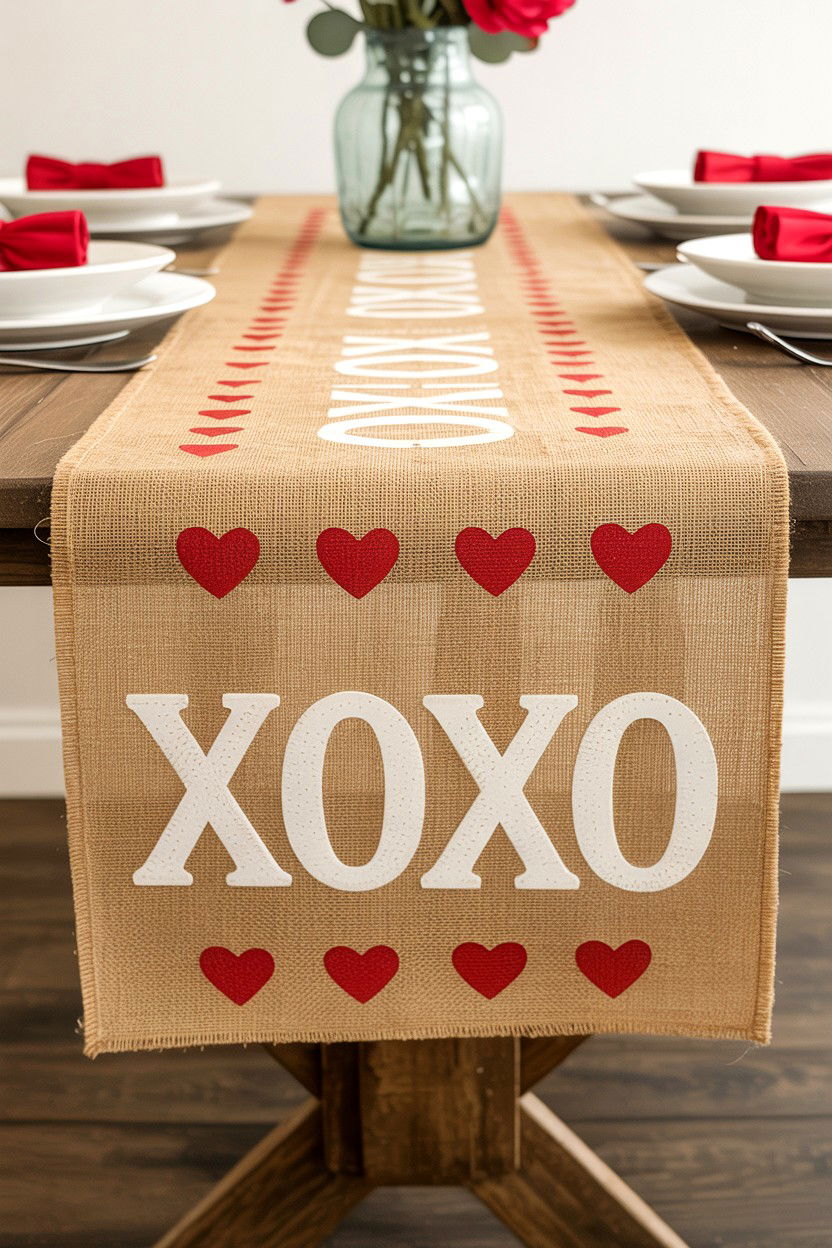 Burlap Valentine Table Runner - 25 Valentine's Day Table Runner Ideas