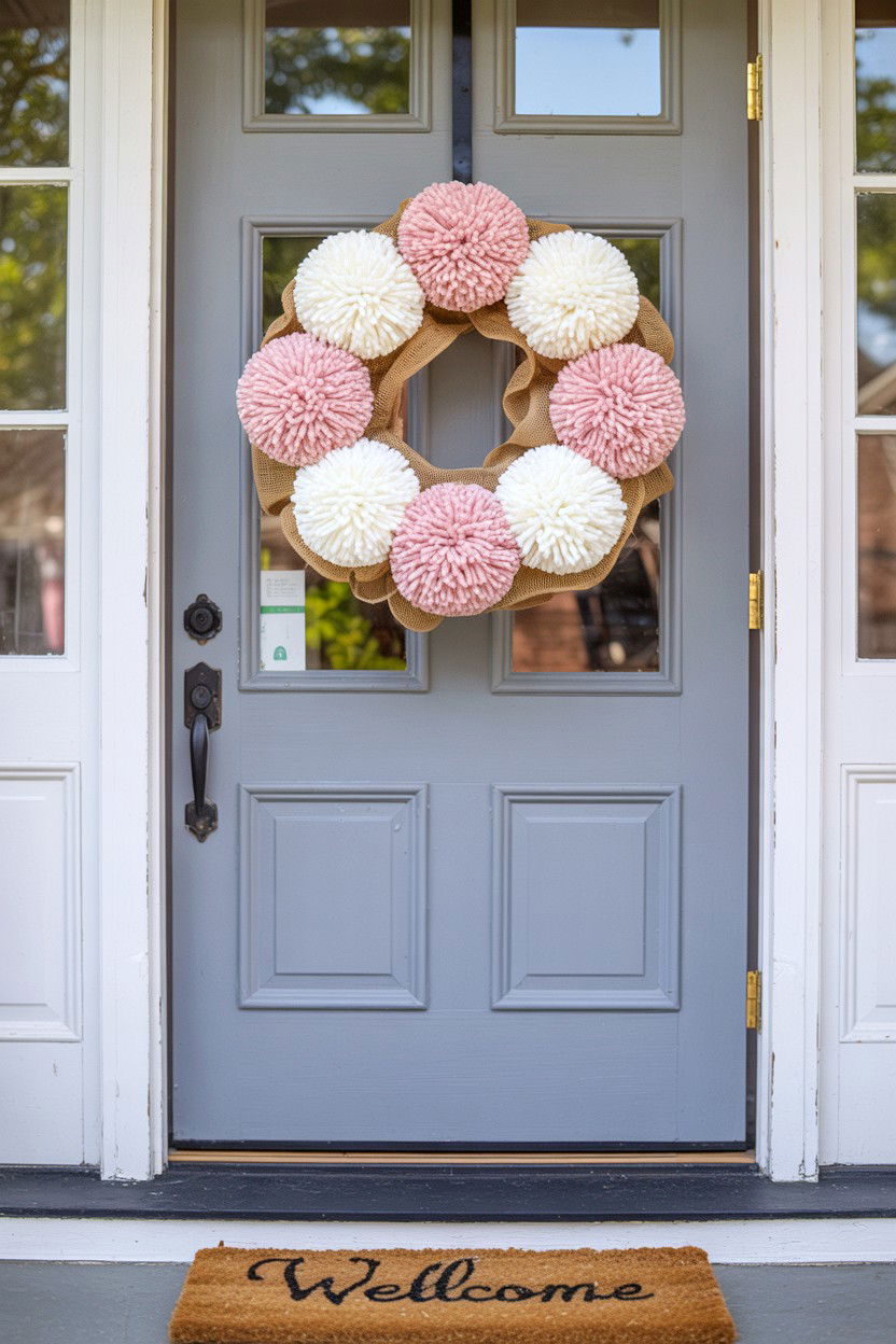 Burlap Wreath With Pom Poms - 25 Burlap Valentine's Day Wreath Ideas