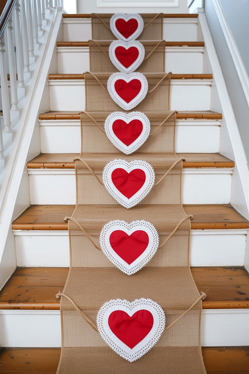Burlap heart banner for stairs - 25 Valentine's Day Staircase Decor Ideas
