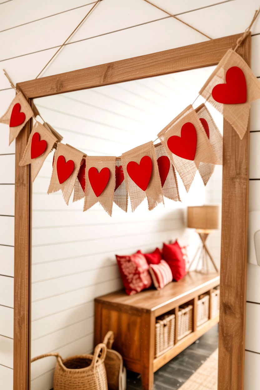 Burlap heart mirror banner - 25 Valentine's Day Mirror Decor Ideas
