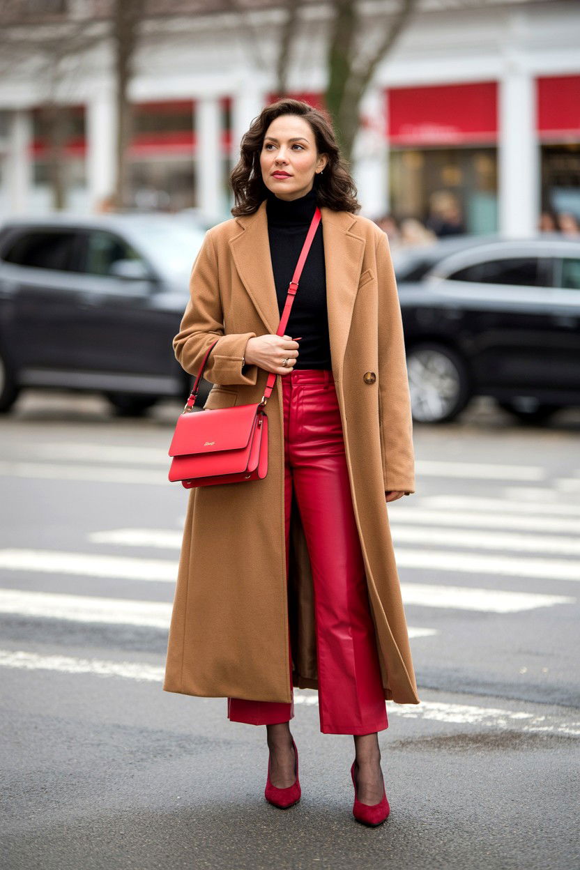 Camel wool coat with red accessories - 25 Valentine's Day Quiet Luxury Outfits