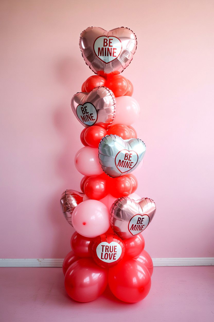 Candy Heart Balloon Tower - 25 Valentine's Day Balloon Column Ideas