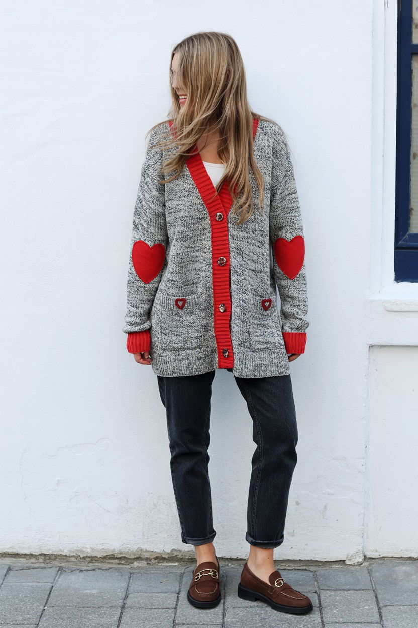 Cardigan With Heart Elbow Patches - 25 Valentine's Day Cardigan Outfits