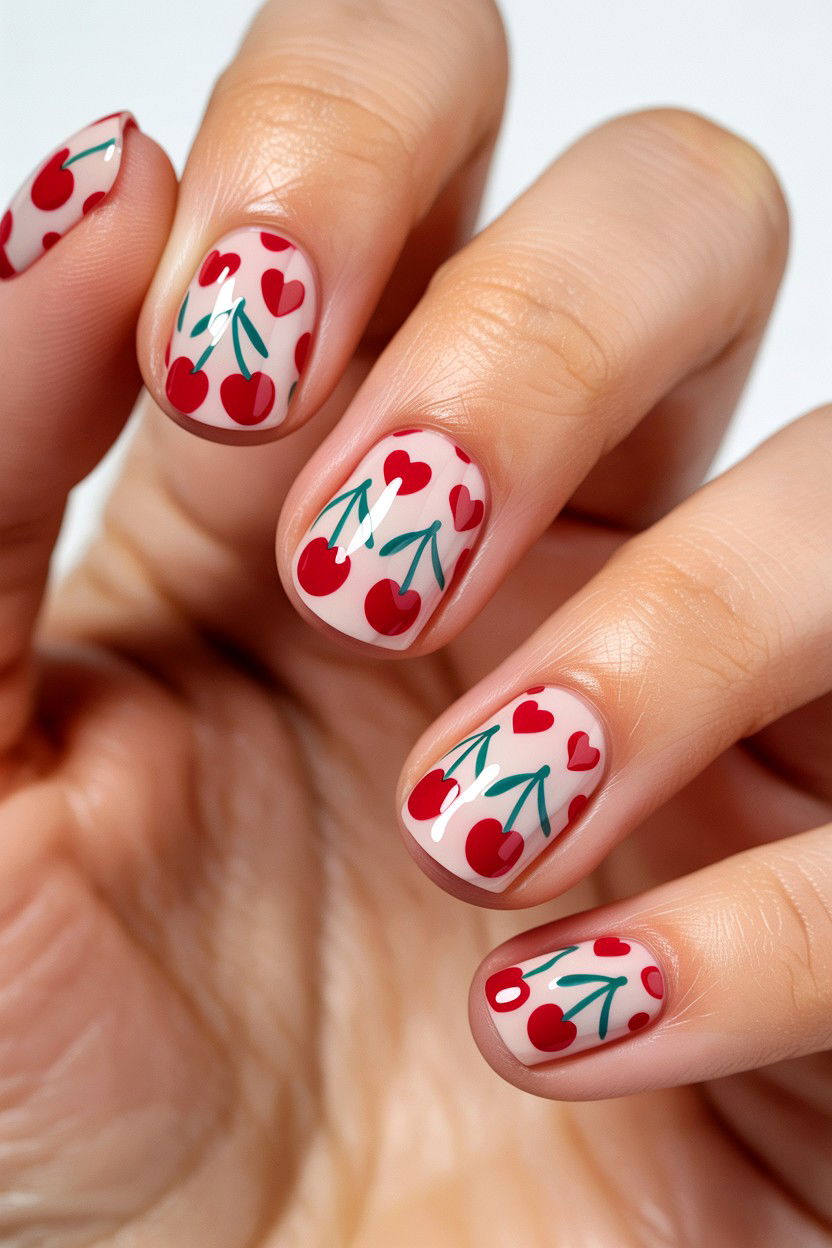 Cherry And Heart Pattern Nails - 25 Cherry Valentine's Day Nail Ideas