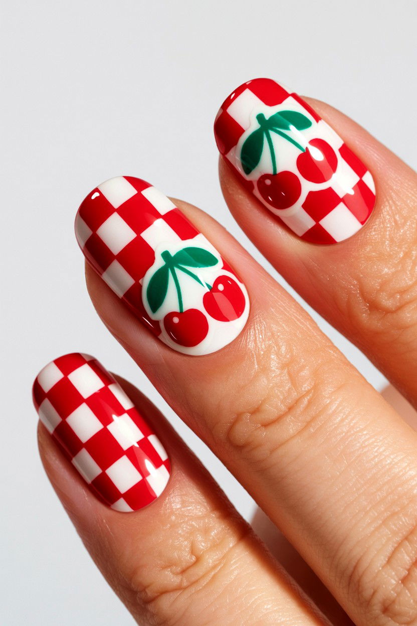 Cherry Checkerboard Nails - 25 Cherry Valentine's Day Nail Ideas