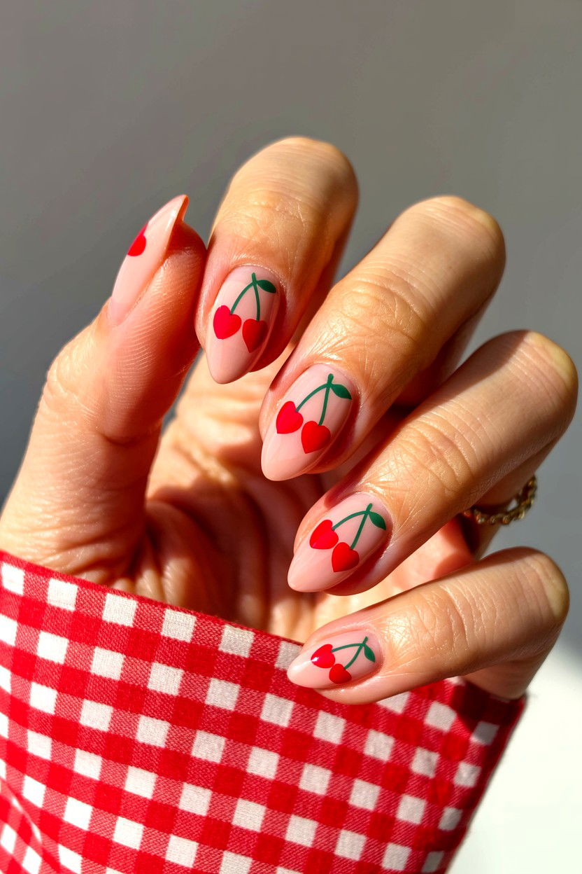 Cherry Heart Nails - 25 Valentine's Day Almond Nail Ideas