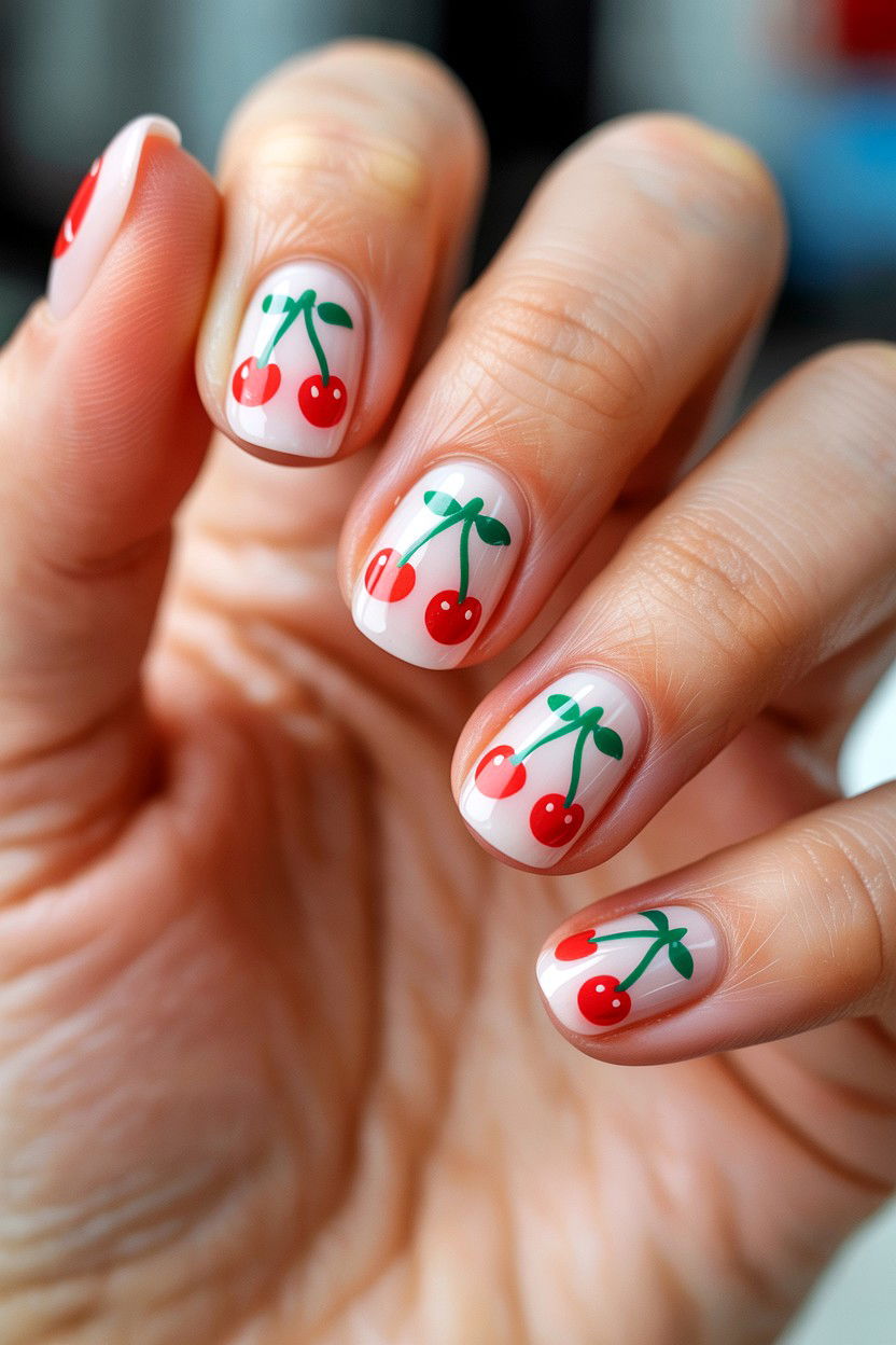 Cherry Pattern Nails - 25 Acrylic Valentine's Day Nail Ideas