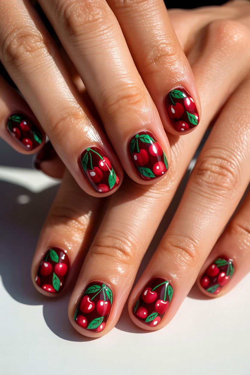 Cherry Print Gel Nails - 25 Cherry Valentine's Day Nail Ideas
