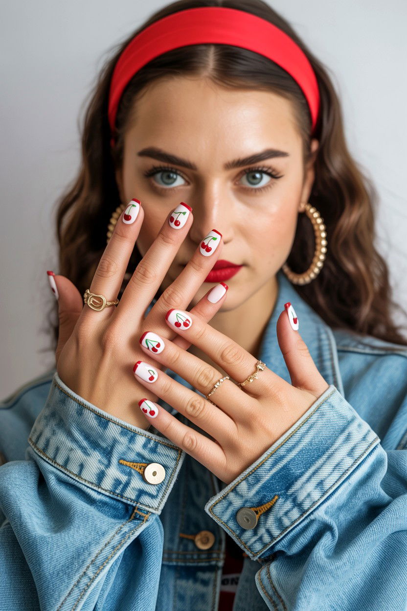 Cherry Print Press On Nails - 25 Valentine's Day Press On Nail Ideas