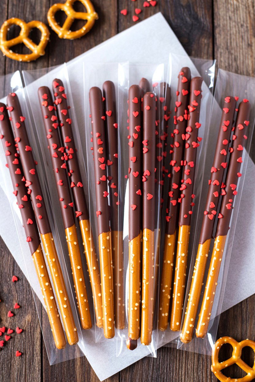 Chocolate Dipped Pretzel Bags - 25 Valentine's Day Cellophane Bag Ideas