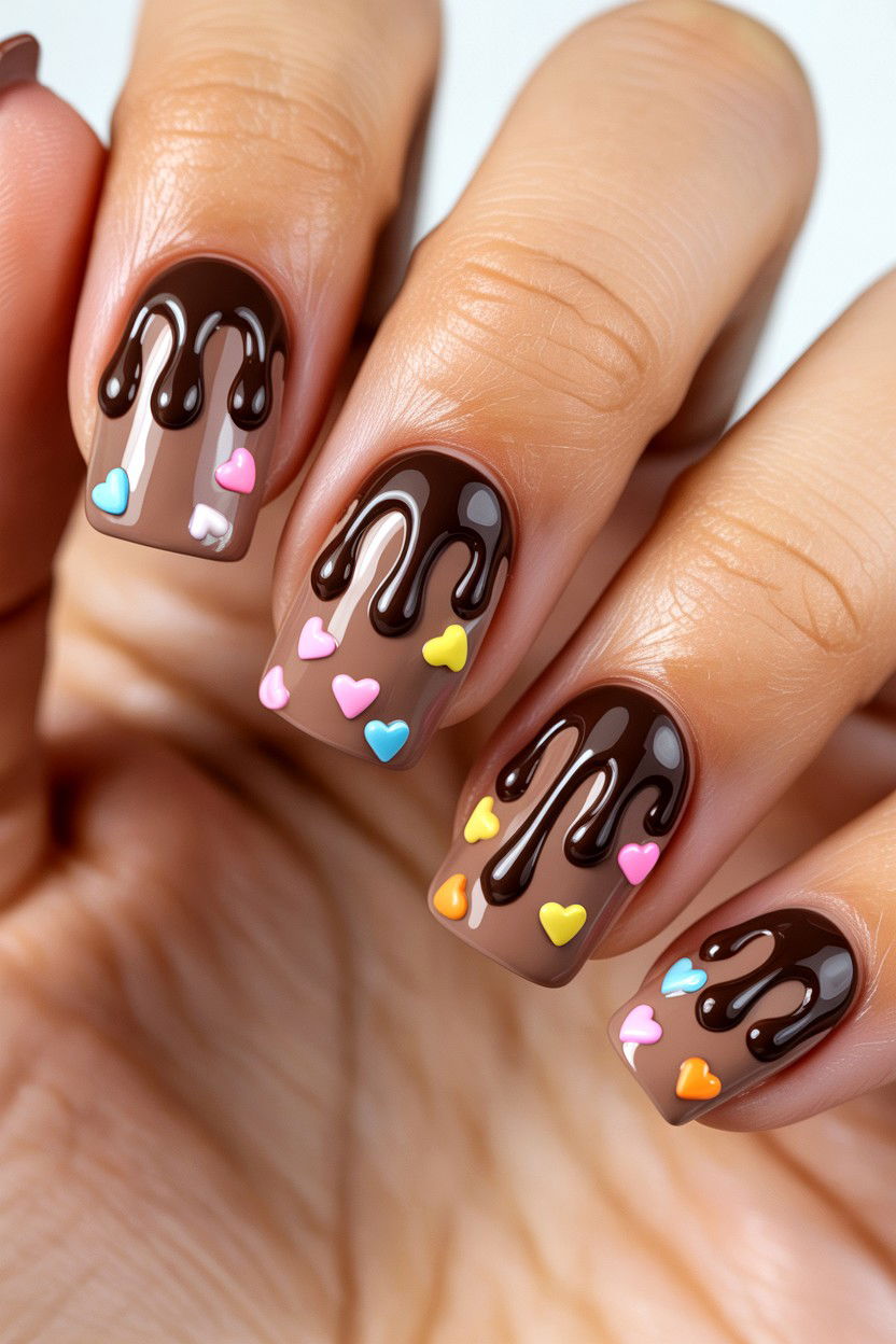 Chocolate Drip Nails - 25 3D Valentine's Day Nail Art Ideas