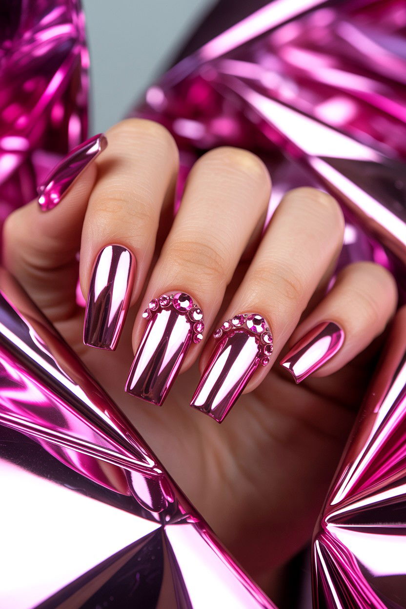 Chrome Pink Nails With Rhinestones - 25 Rhinestone Valentine's Day Nail Ideas
