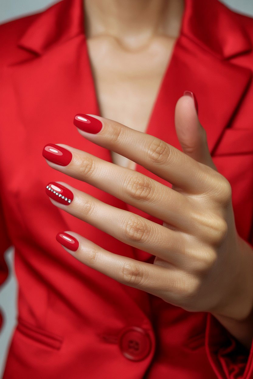 Classic Red Nails With Crystal Cuticle Line - 25 Rhinestone Valentine's Day Nail Ideas