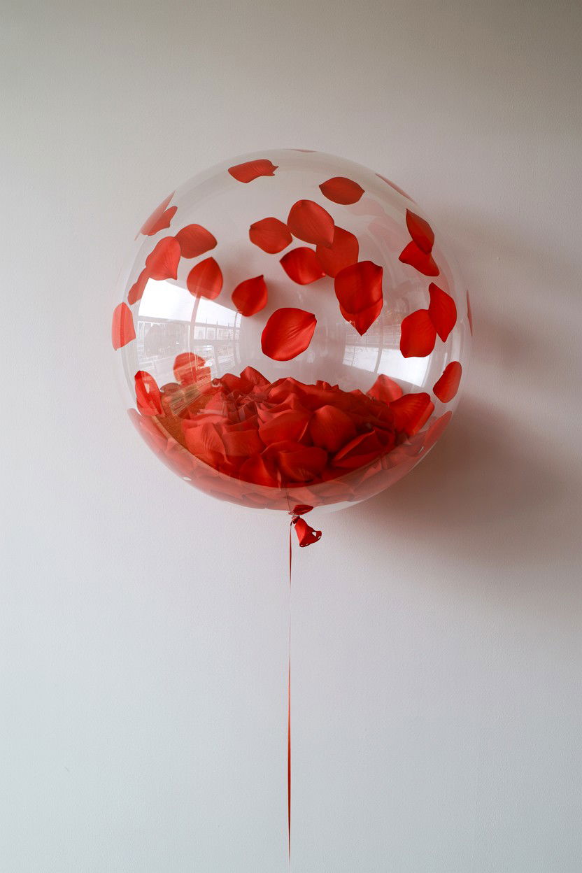 Clear balloon with artificial petals - 25 Valentine's Day Clear Balloon Ideas