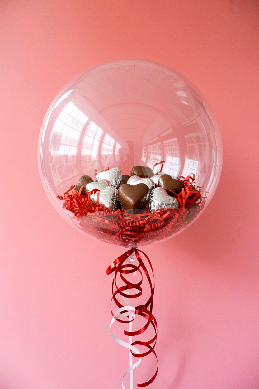 Clear balloon with chocolate candy inside - 25 Valentine's Day Clear Balloon Ideas