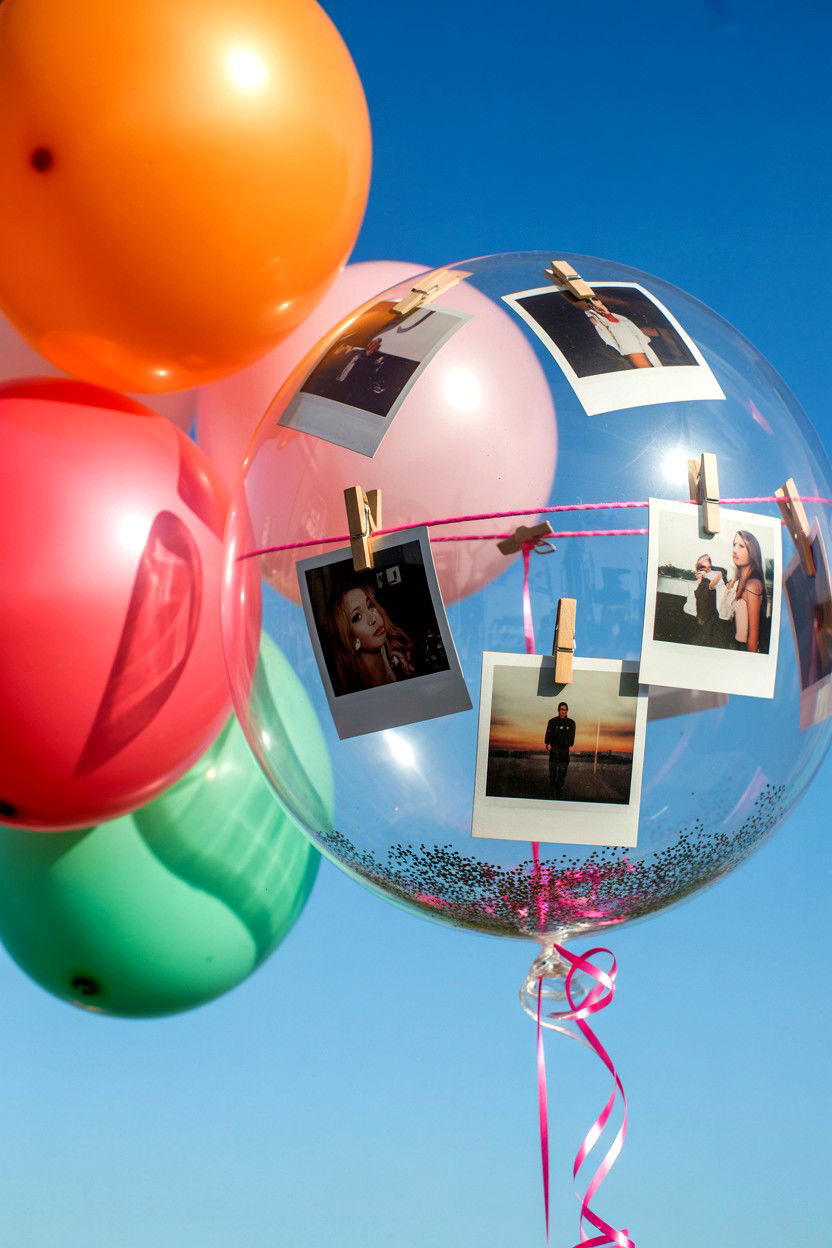 Clear balloon with hanging photos - 25 Valentine's Day Clear Balloon Ideas