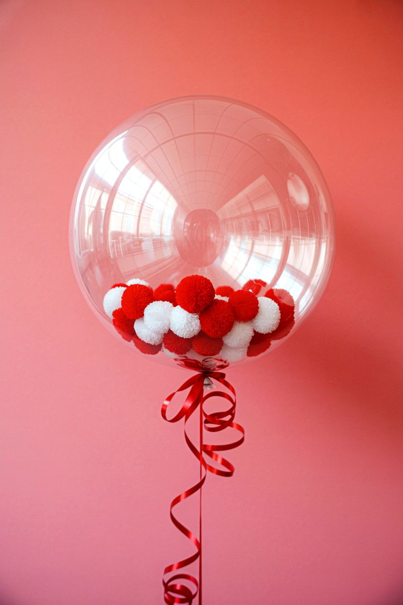 Clear balloon with pom pom filling - 25 Valentine's Day Clear Balloon Ideas