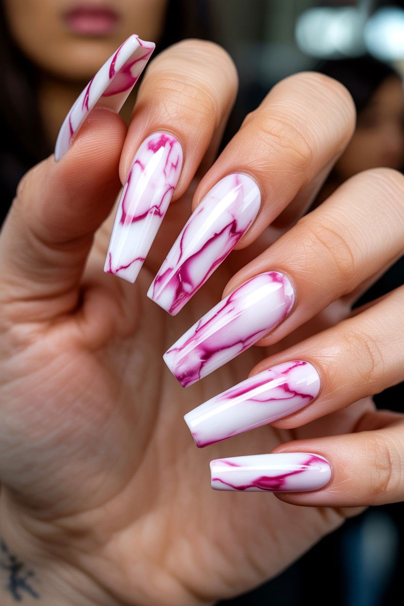 Coffin Marble Nails - 25 Marble Valentine's Day Nail Ideas