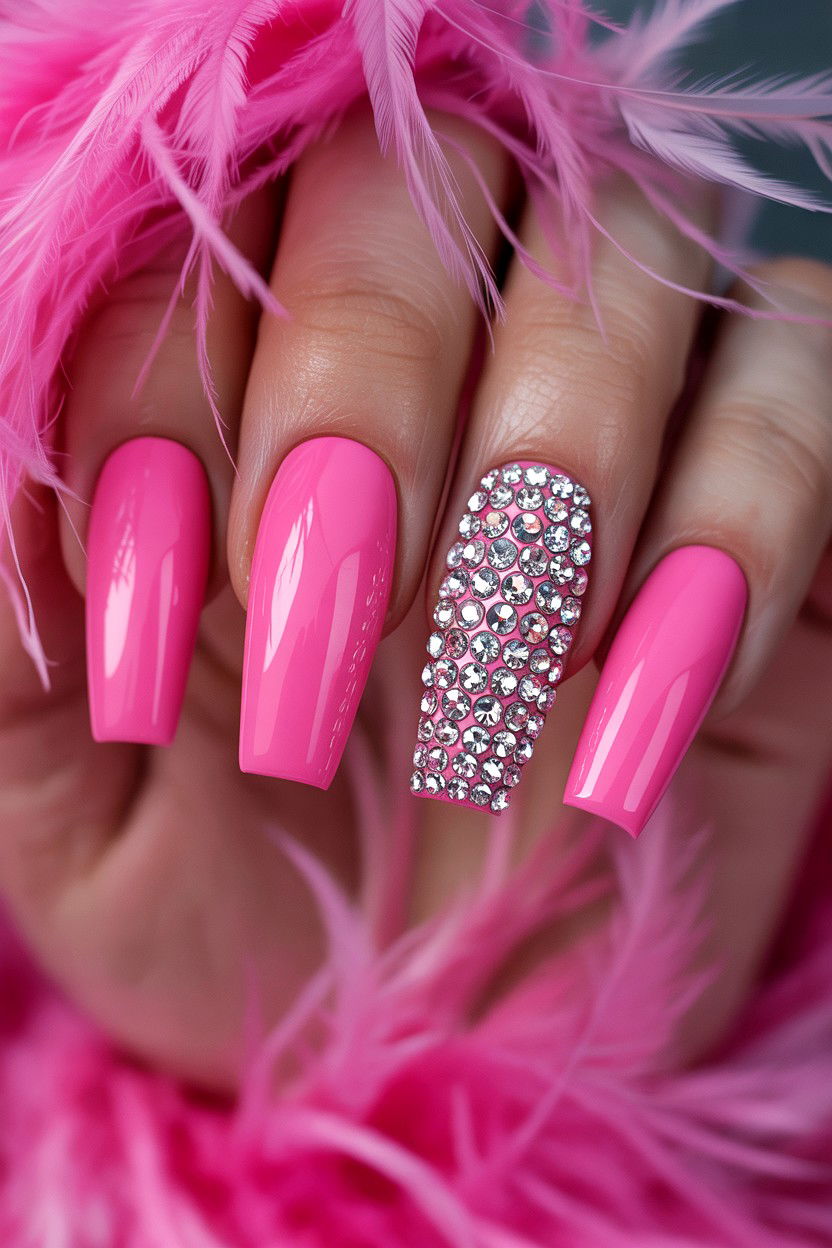 Coffin Shaped Pink Crystal Nails - 25 Rhinestone Valentine's Day Nail Ideas