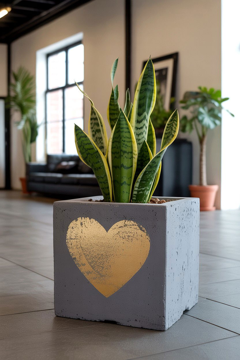 Concrete planter gold heart stencil - 25 Valentine's Day Planter Ideas