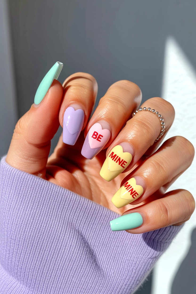 Conversation Heart Nails - 25 Valentine's Day Coffin Nail Ideas