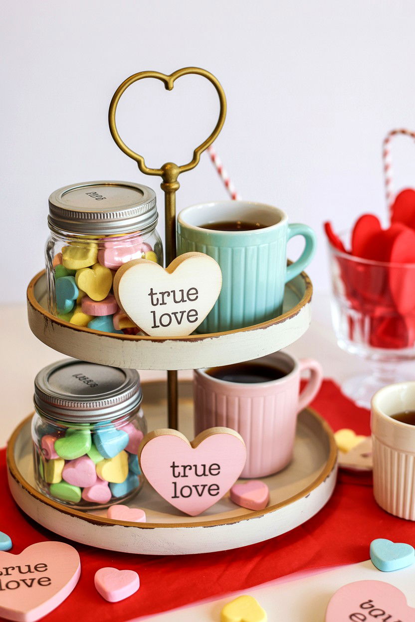 Conversation Heart Tiered Tray - 25 Valentine's Day Coffee Bar Tiered Tray Ideas