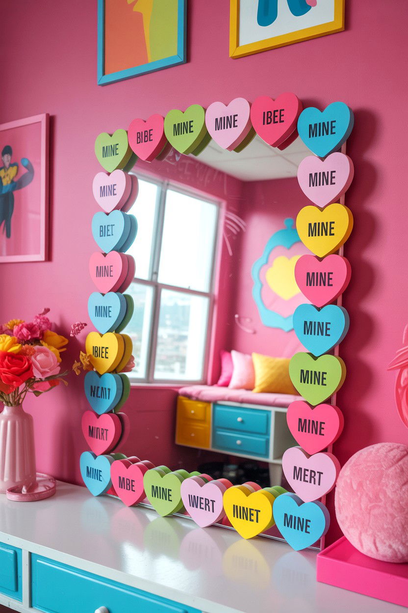 Conversation heart mirror stickers - 25 Valentine's Day Mirror Decor Ideas