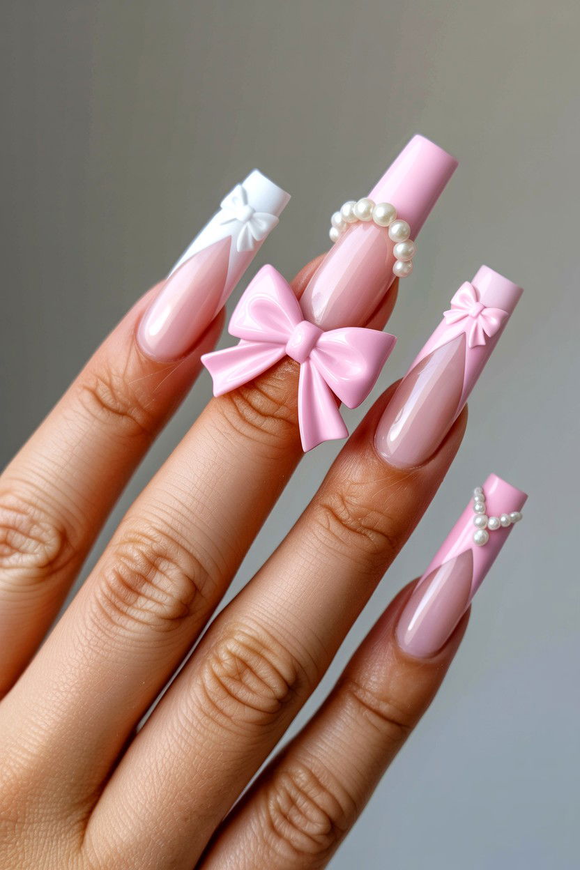 Coquette Bow Accent - 25 Long Valentine's Day Nail Designs