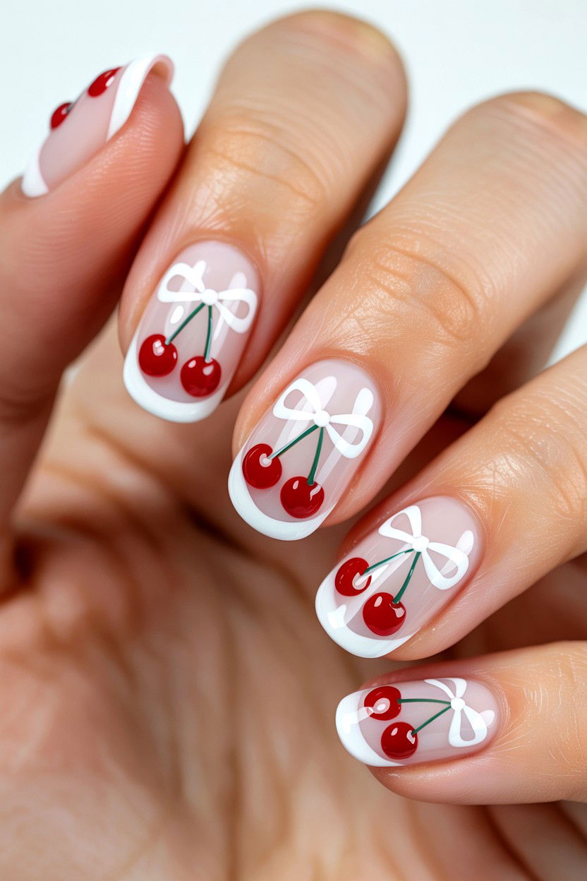 Coquette Cherry Bow Nails - 25 Cherry Valentine's Day Nail Ideas