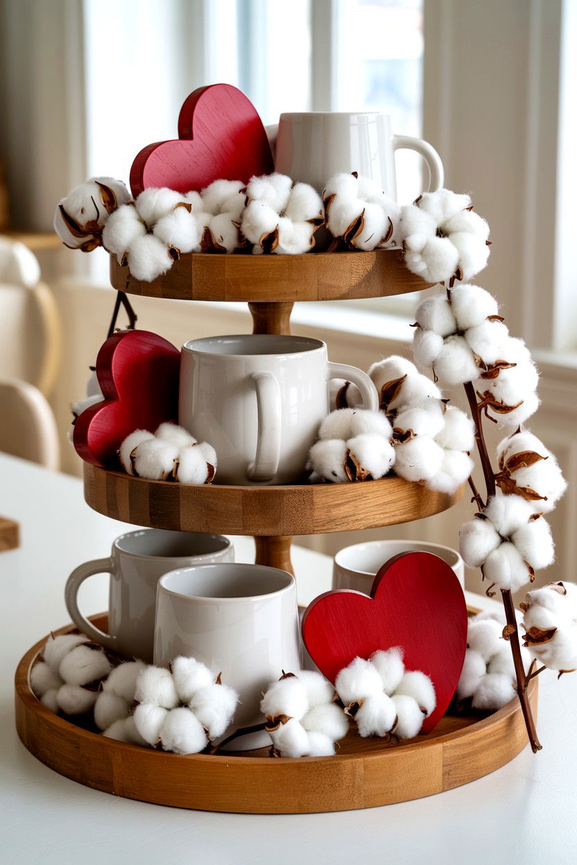 Cotton Boll Stems - 25 Farmhouse Valentine's Day Tiered Tray Ideas