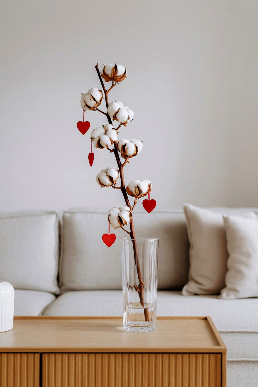 Cotton Branch With Hearts - 25 Minimalist Valentine's Day Decor Ideas