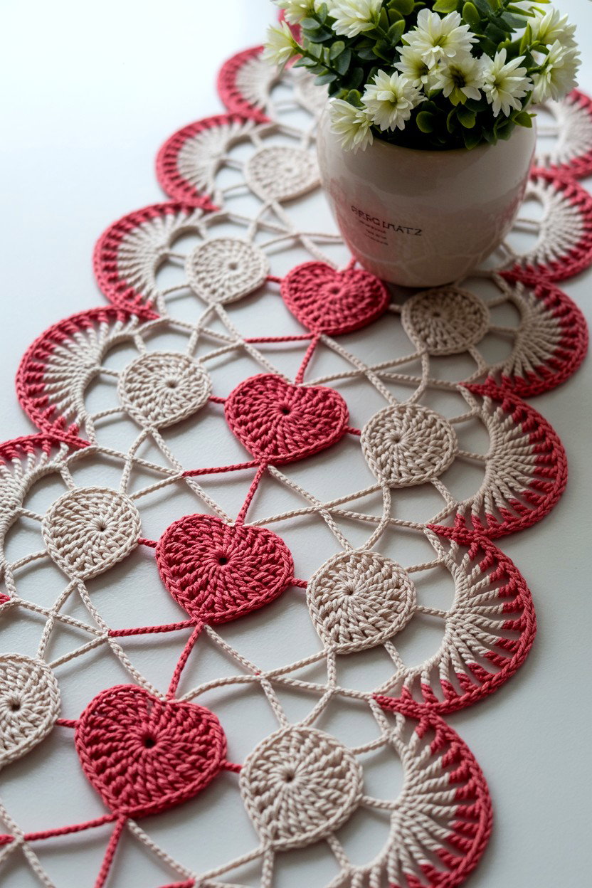 Crochet Heart Table Runner - 25 Valentine's Day Table Runner Ideas
