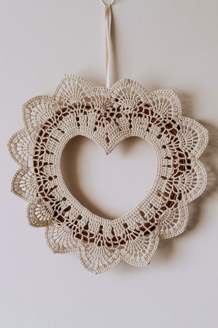 Crochet lace heart wreath - 25 Vintage Valentine's Day Wreath Ideas