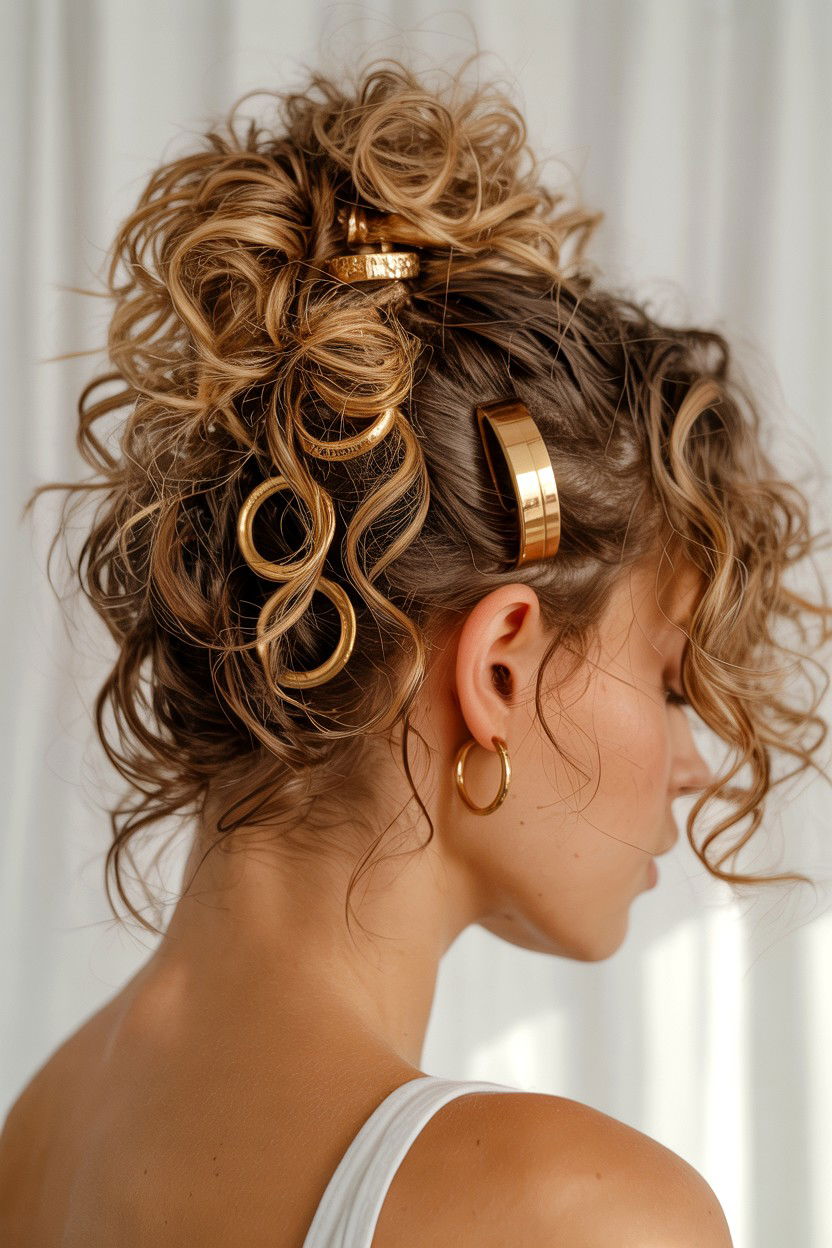 Curly Messy Bun With Gold Accents - 25 Valentine's Day Messy Bun Ideas