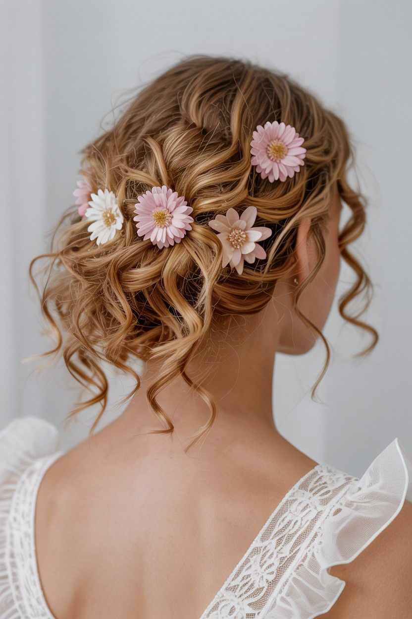 Curly Updo With Flower Clips - 25 Valentine's Day Updo Ideas