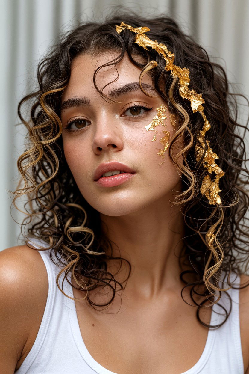 Curly hair with gold leaf accents - 25 Valentine's Day Curly Hair Ideas