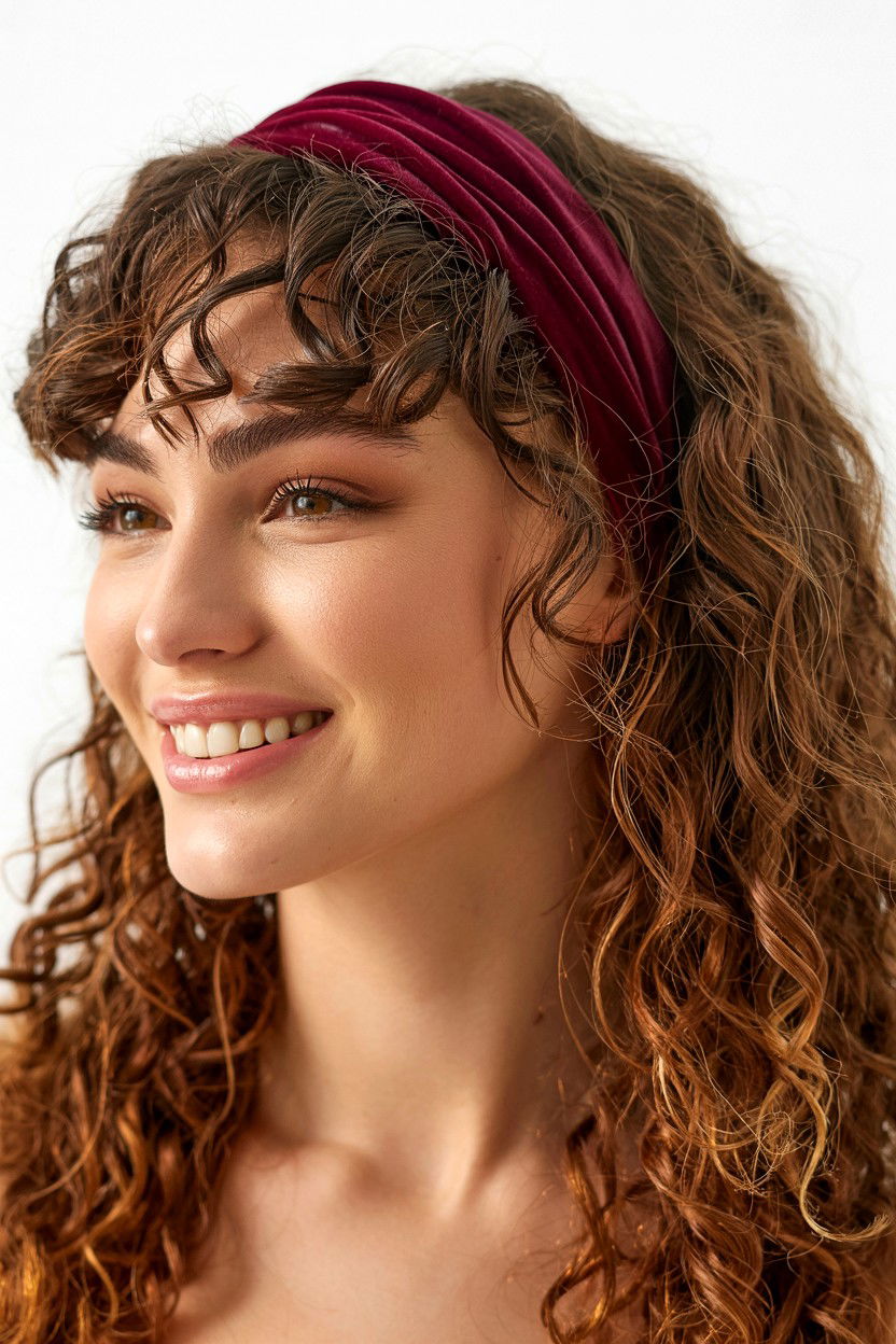 Curly hair with velvet headband - 25 Valentine's Day Curly Hair Ideas