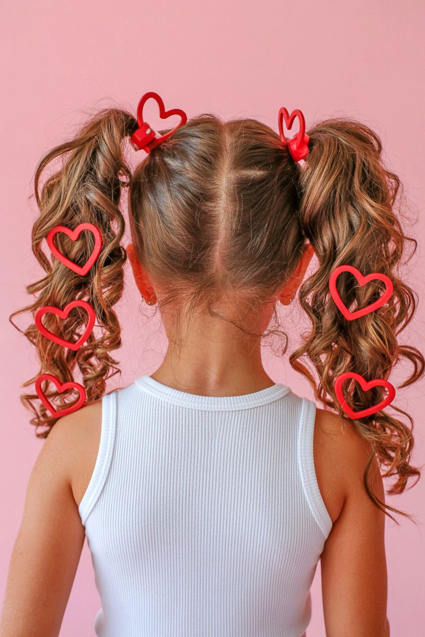 Curly pigtails with heart accessories - 25 Valentine's Day Curly Hair Ideas